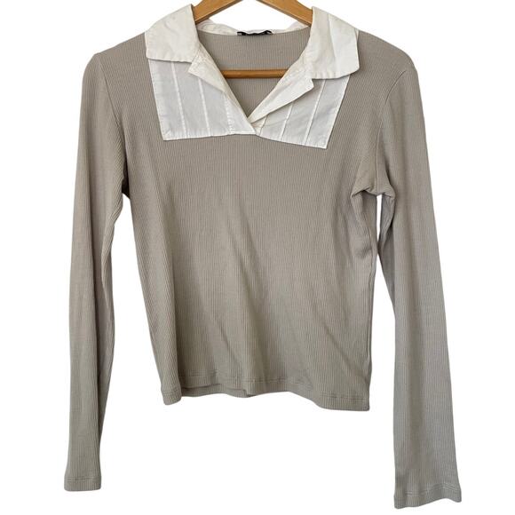 Moschino Cheap and Chic Wool Blend Ribbed Tan Tee White Pleated Collar • Sz XL - Picture 1 of 5